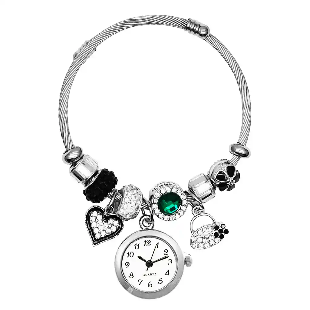 Reloj Mujer Dama Pulsera Acero Dije Corazon Negro + Estuche