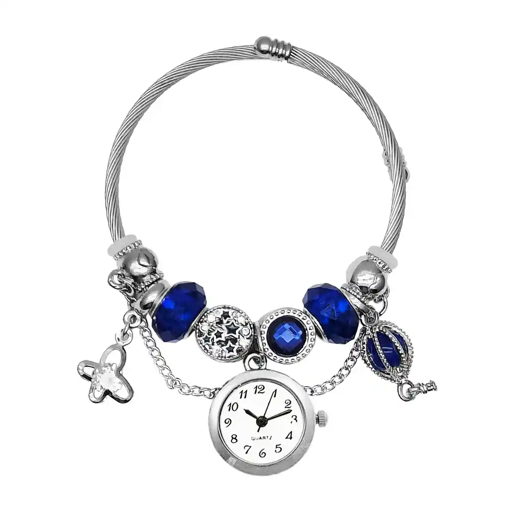 Reloj Mujer Dama Pulsera Acero Dije Estrella Azul + Estuche