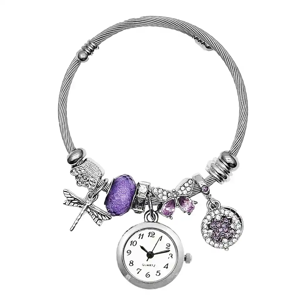 Reloj Mujer Dama Pulsera Acero Libelula Violeta + Estuche