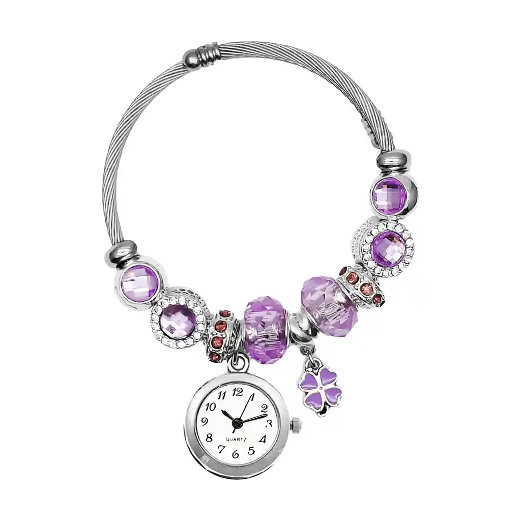 Reloj Mujer Dama Pulsera Acero Dije Trebol Lila + Estuche