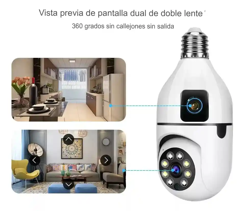 Camara De Seguridad Wifi Bombillo Doble Lente Robotica Panoramica Ip 360