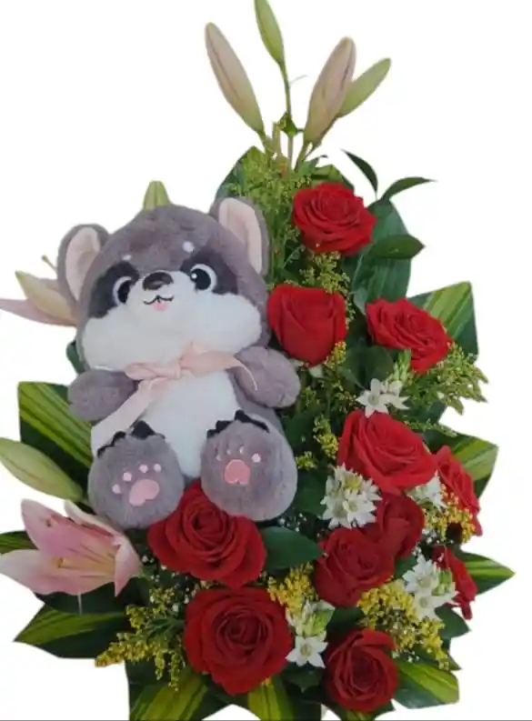 Rosas Rojas En Ramo, Con Peluche