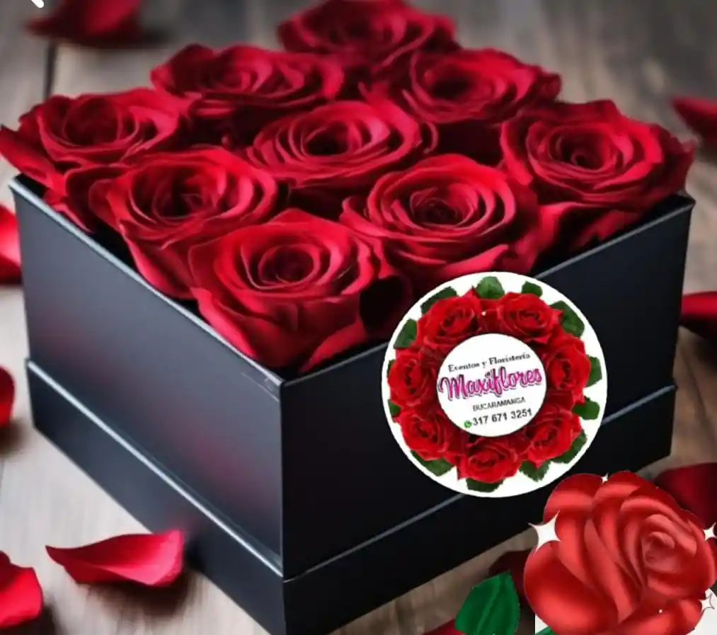 Caja Negra Cuadrada Con Rosas Rojas