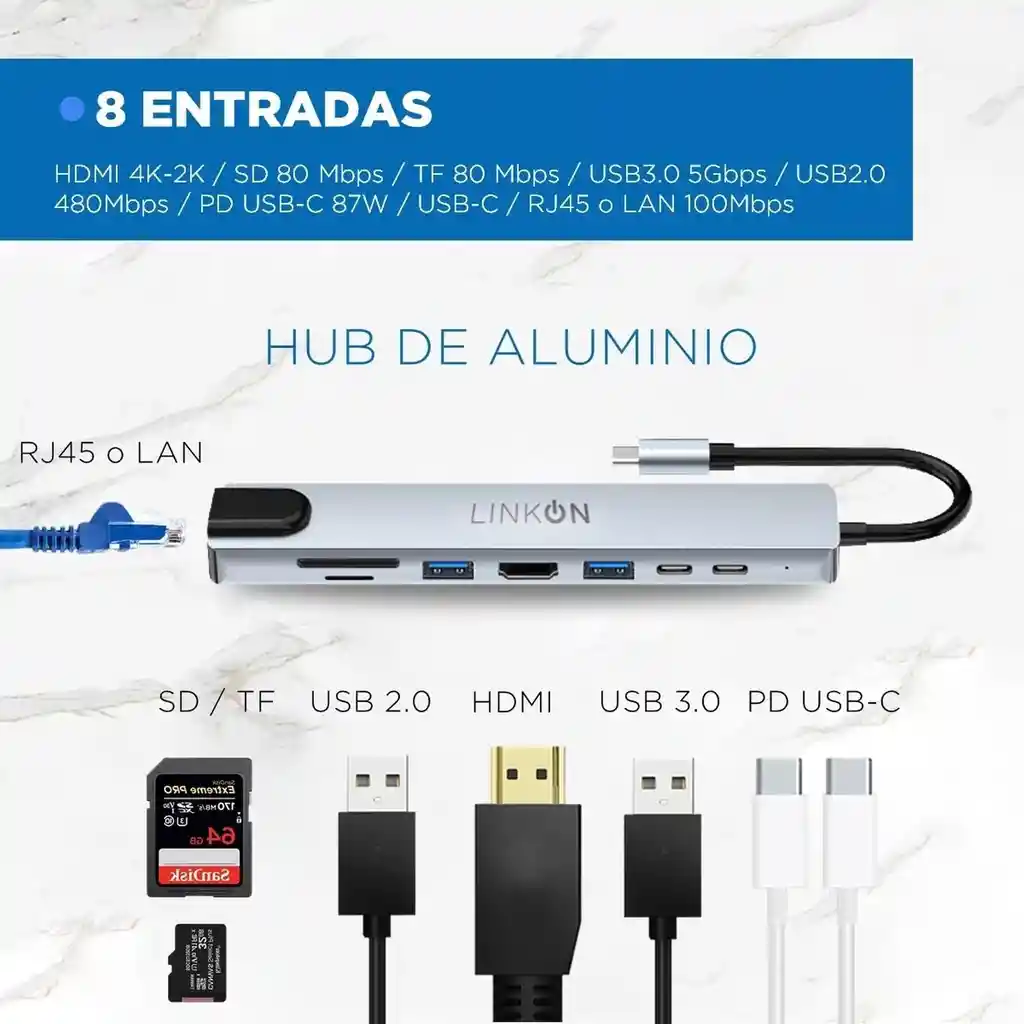 Hub Adaptador Usb Tipo C 8 En 1 Linkon Para Mac Macbook Win