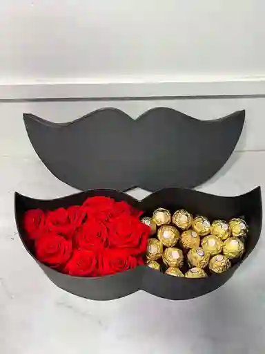Caja Bigote Hombre Con Rosas Naturales Y Chocolates Ferrero Rocher