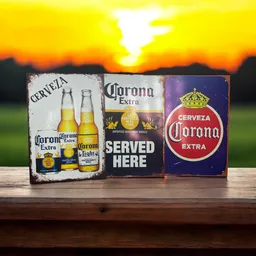 3x Cuadros Retablos Cerveza Corona Decorativos Poster Afiches Madera