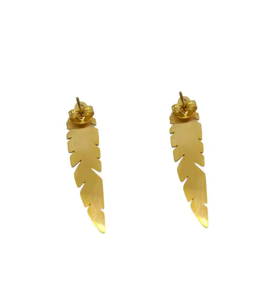 Aretes Tipo Topo En Acero Diseño Pluma Dorada