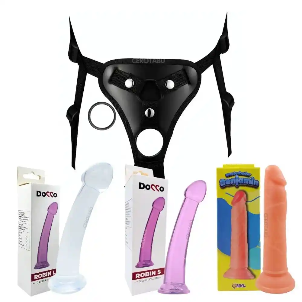 Dildo Realista + X2 Dildos Curvos Adherentes + Arnes Doble Universal