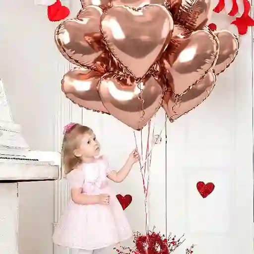 Set 12 Globos De Corazon Metalizados Oro Rosa