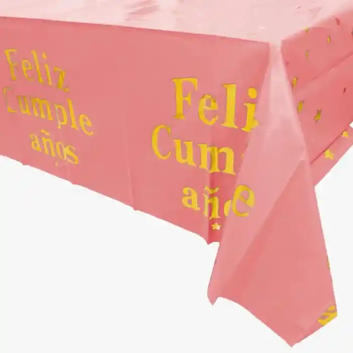 Mantel Plastico Tablecover Rosa Con Letras Feliz Cumpleaños Dorado