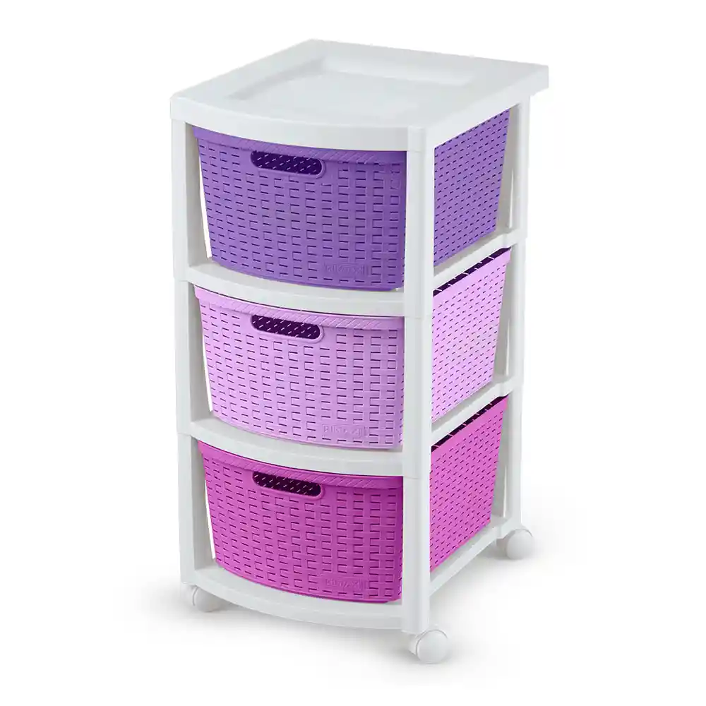 Cajonero Rattan 3 Gavetas Lila-rosado-fucsia