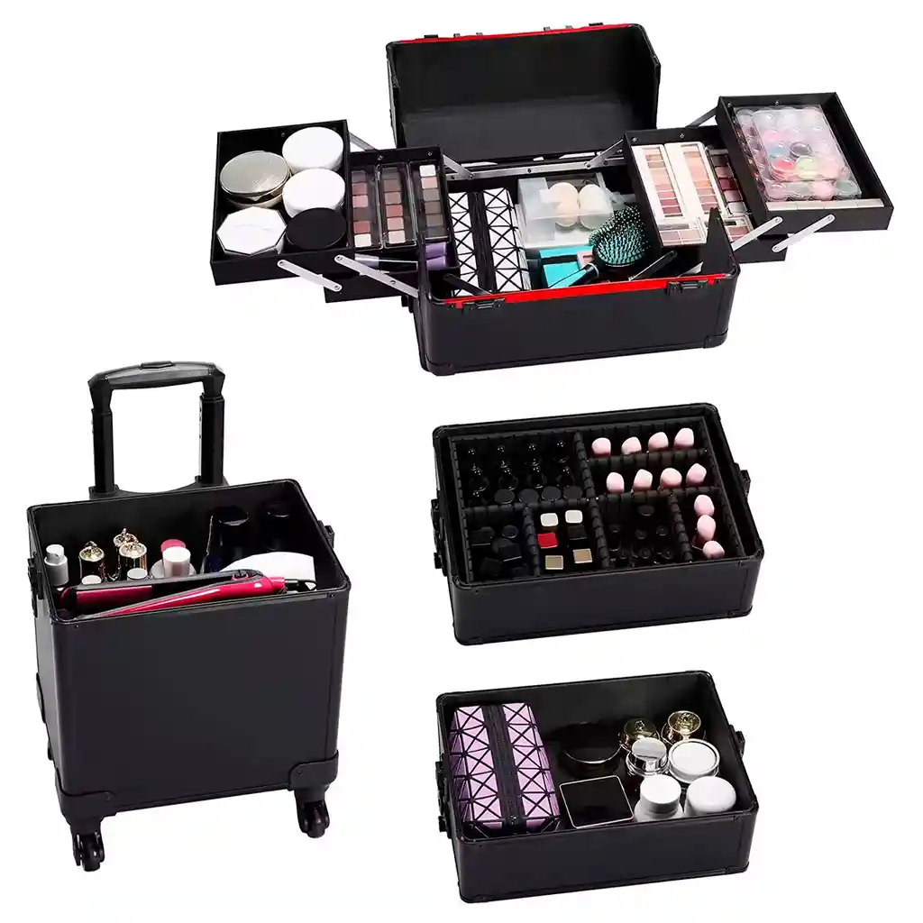 Neceser Maleta Grande Ruedas Maquillaje Tamaño 4 Capas Negro Elegante