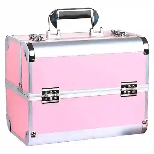 Caja Neceser Metálico Portátil De Maquillaje Profesional Rosado