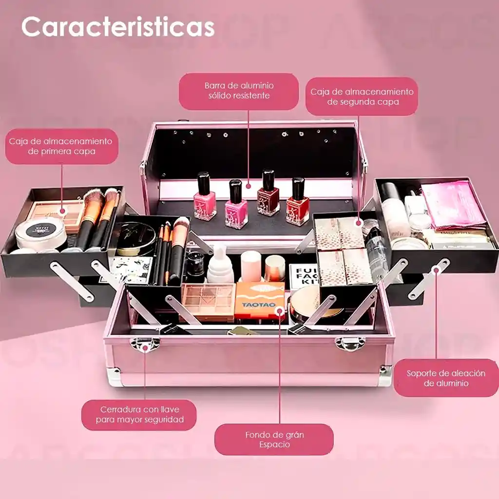 Caja Neceser Metálico Portátil De Maquillaje Profesional Rosado