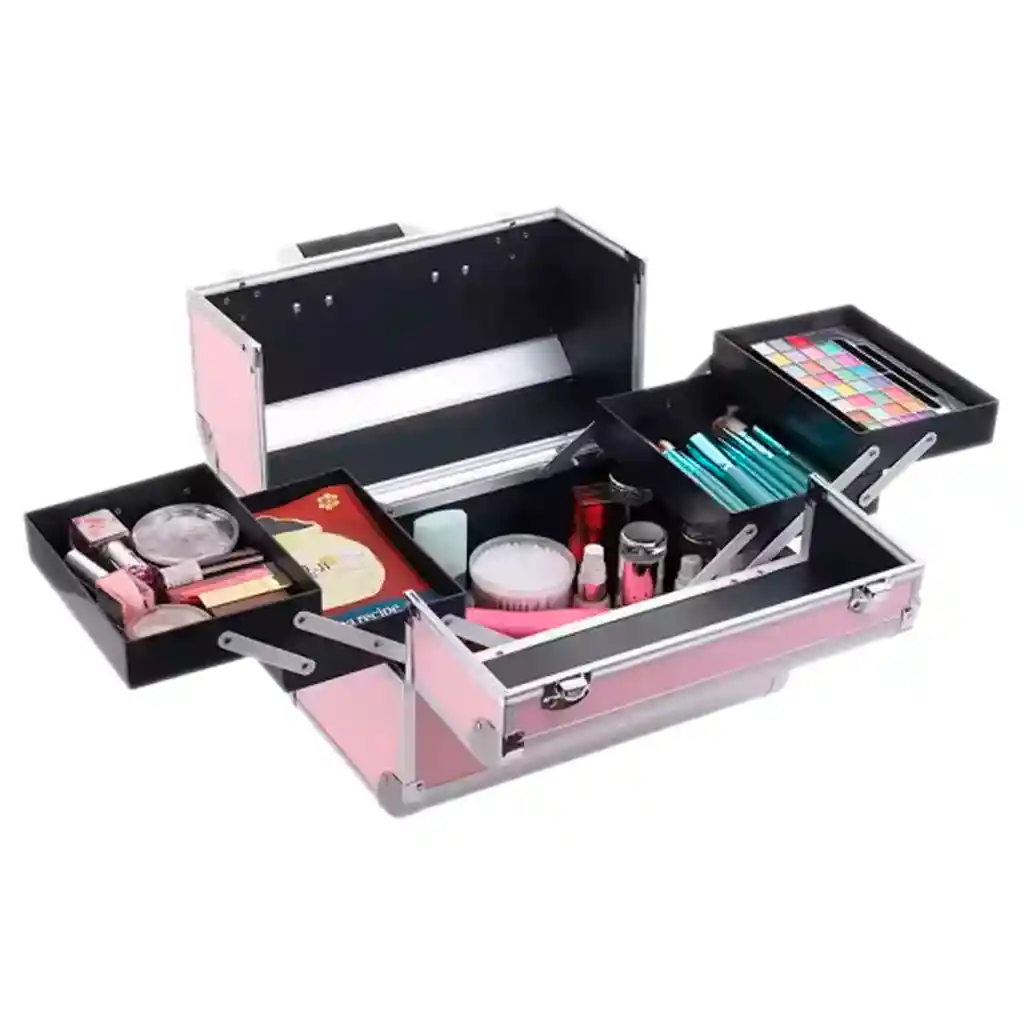 Caja Neceser Metálico Portátil De Maquillaje Profesional Rosado