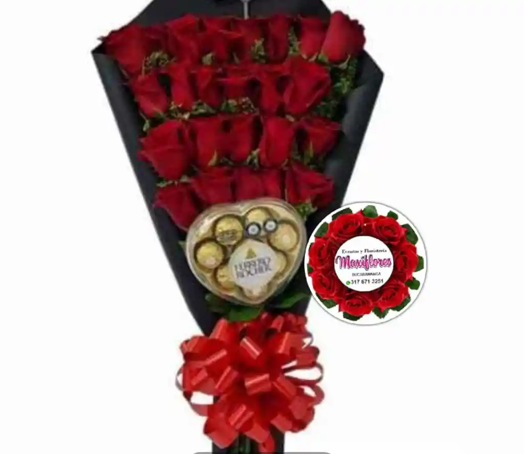 Ramo De Mano Con Rosas Rojas Y Chocolates