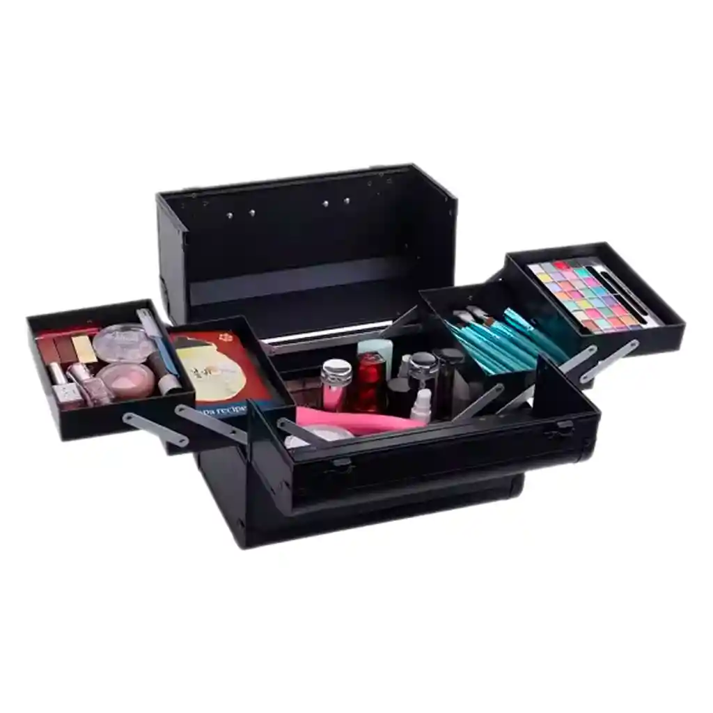 Caja Neceser Metálico Portátil De Maquillaje Profesional Negro Elegante