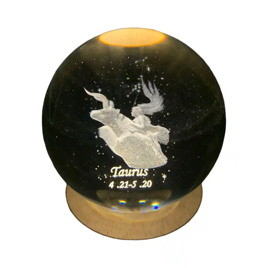 Lampara Esfera 3d Cristal Zodiacal Tauro + Base De 8cm