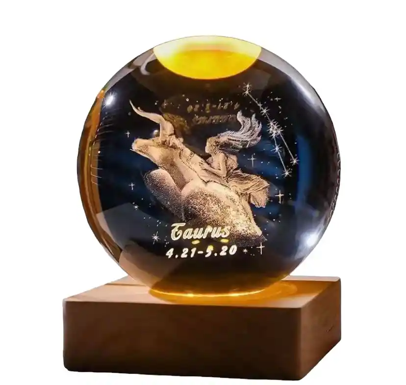 Lampara Esfera 3d Cristal Zodiacal Tauro + Base De 8cm