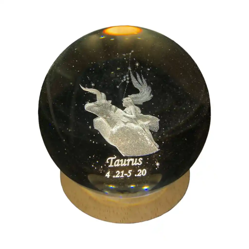 Lampara Esfera 3d Cristal Zodiacal Tauro + Base De 8cm