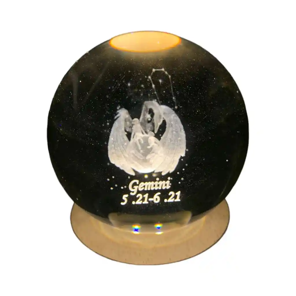 Lampara Esfera 3d Cristal Zodiacal Geminis + Base De 8cm