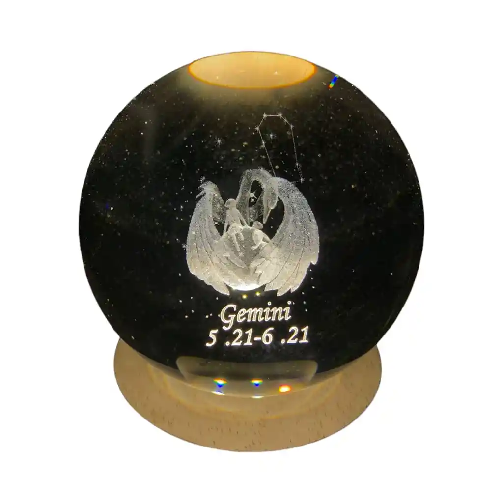 Lampara Esfera 3d Cristal Zodiacal Geminis + Base De 8cm