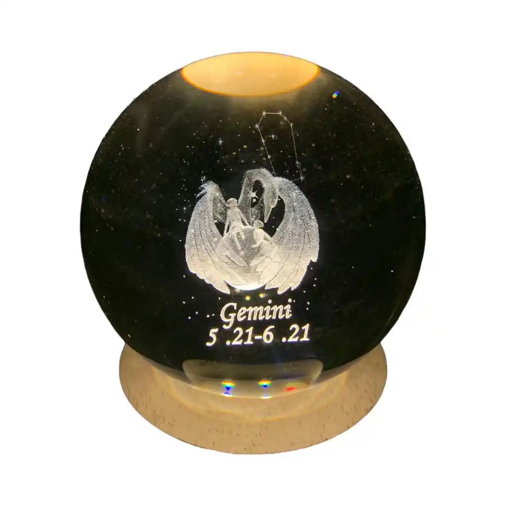 Lampara Esfera 3d Cristal Zodiacal Geminis + Base De 8cm