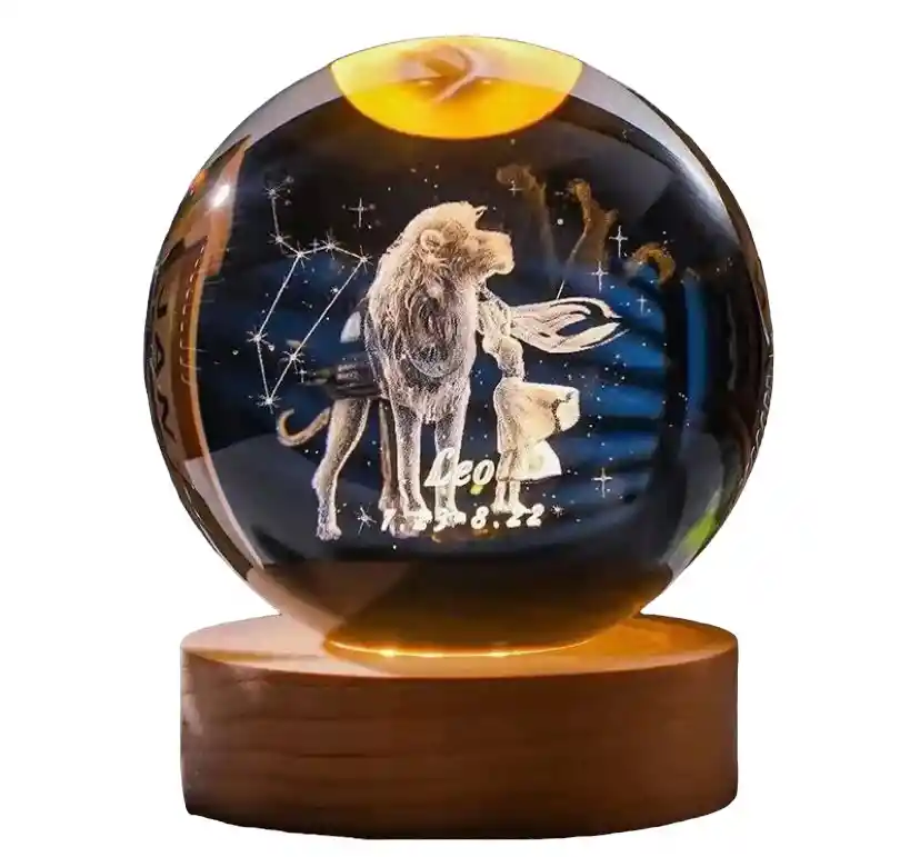 Lampara Esfera 3d Cristal Zodiacal Leo + Base De 8cm