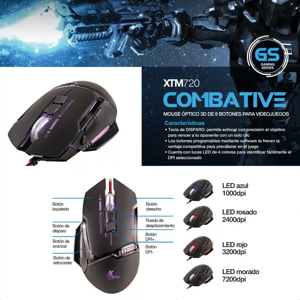 Mouse Óptico 3d, Xtech Xtm-720 Combative, 8 Botones, 7200 Dpi