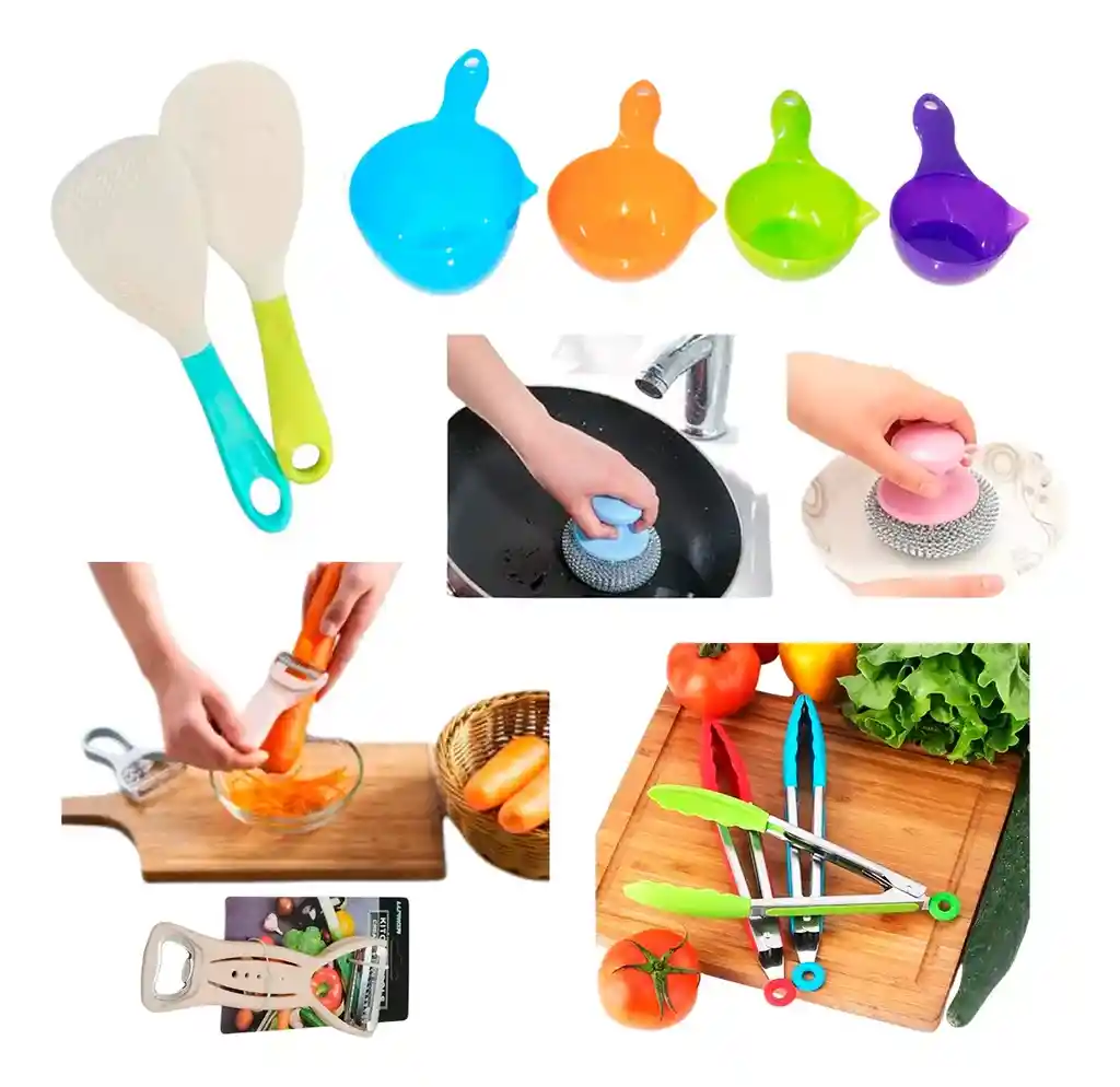 Kit Pelador Verduras Pinzas Cocina Cuchara Arrocera Esponjas