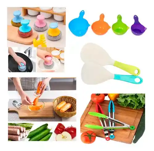 Kit Pelador Verduras Pinzas Cocina Cuchara Arrocera Esponjas