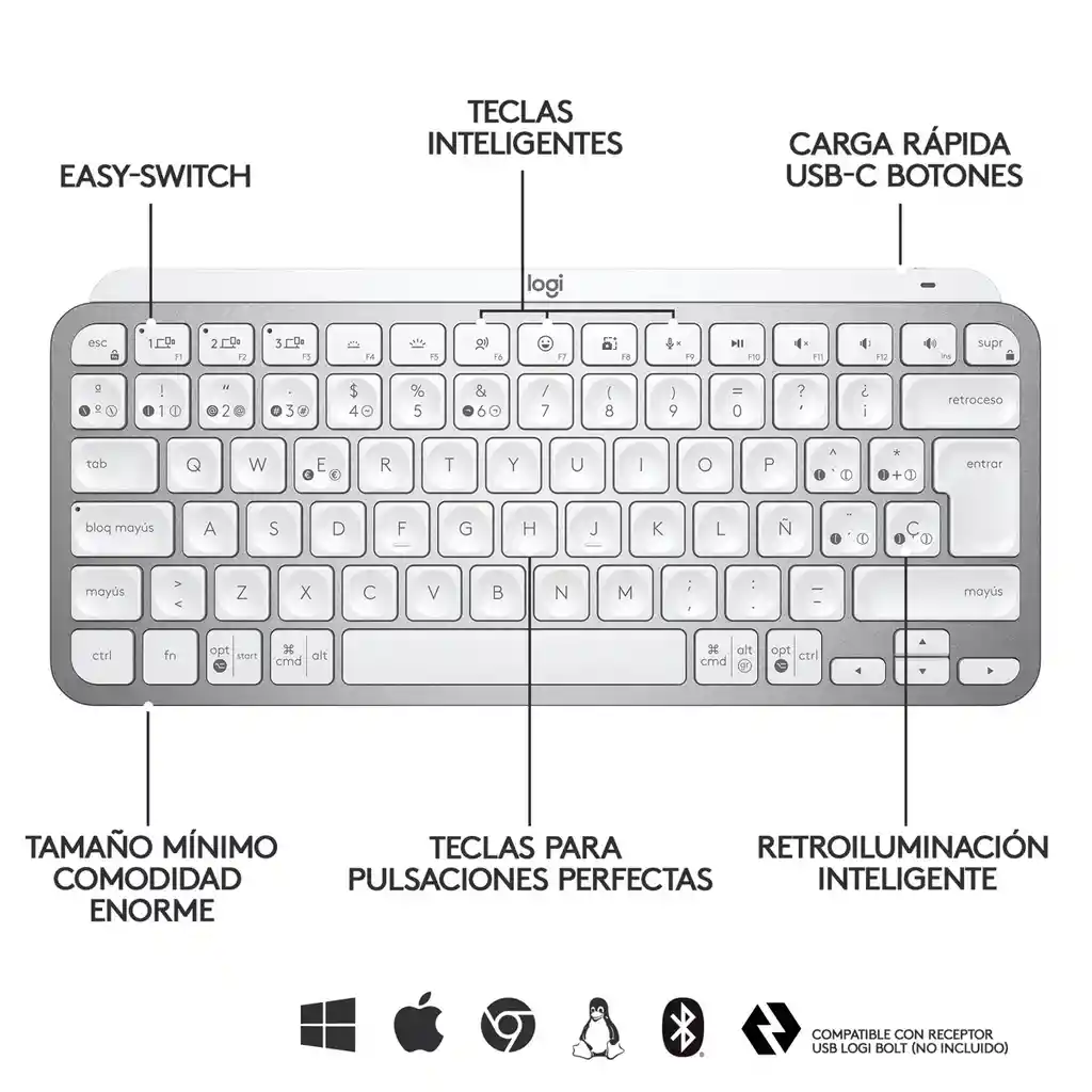 Teclado Avanzado Logitech Mx Keys Mini Iluminado Recargable Gris