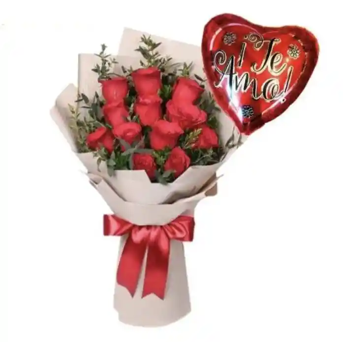 Flores - Bouquet De 12 Rosas Con Globo