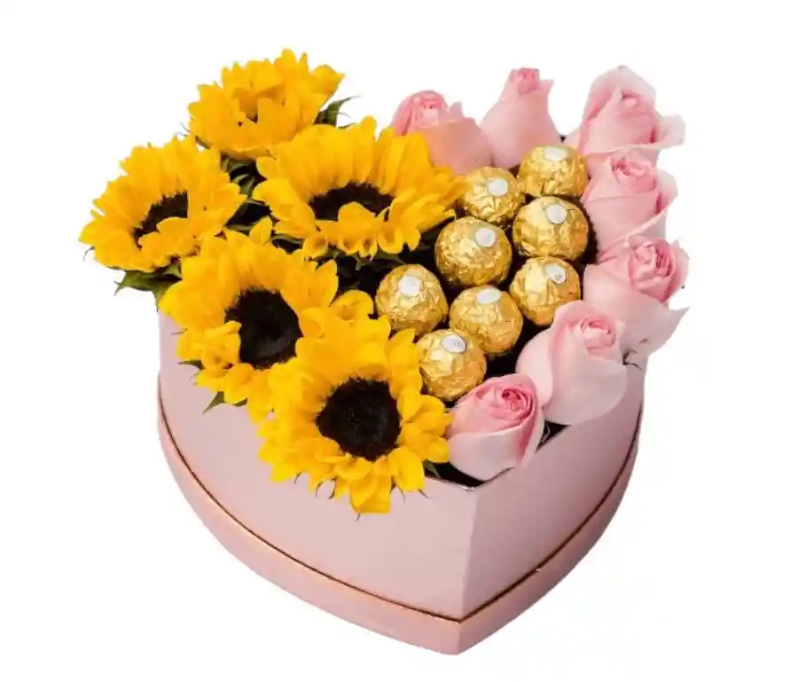 Flores En Caja De Girasoles, Rosas Y Chocolates