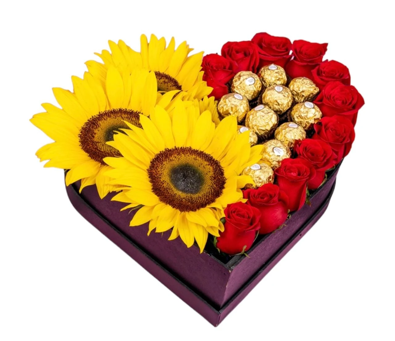 Caja Corazón De Rosas Rojas X12 Y Girasoles Con Ferrero — envío a domicilio en Bogotá. Flores Les Roses.