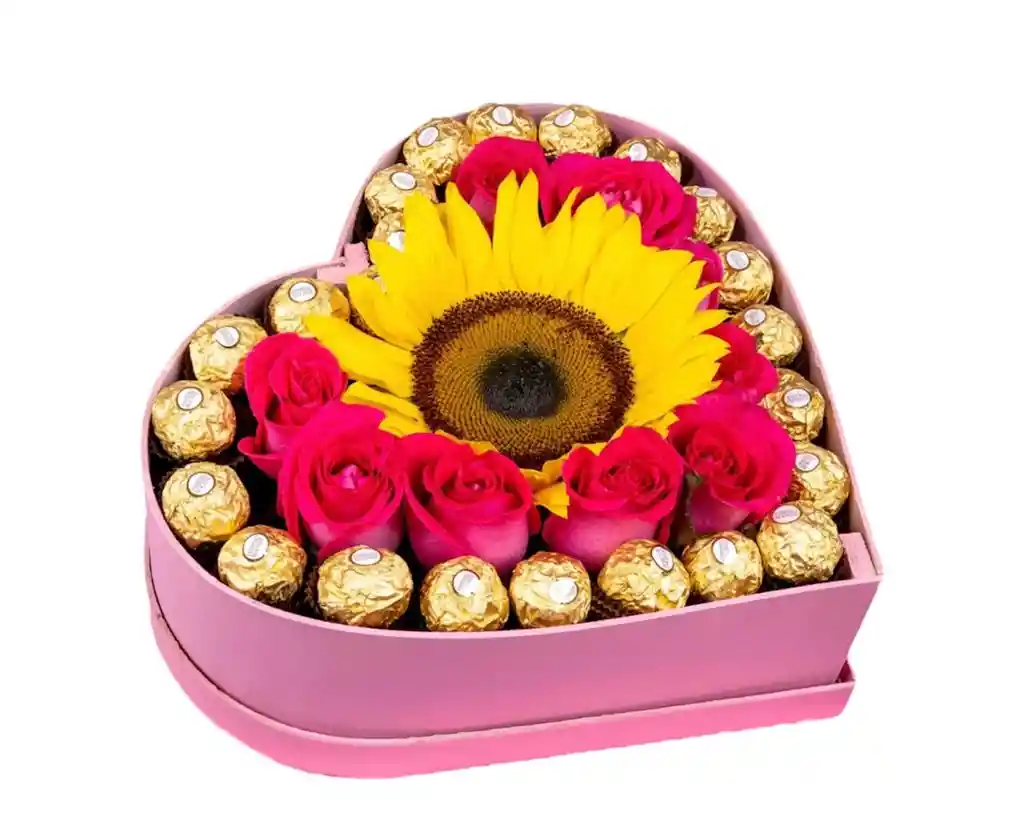 Flores De Girasol Y Rosas Rosadas Con Chocolates