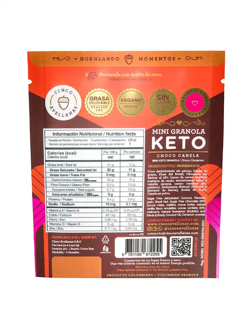 Granola Keto Choco Canela Cinco Avellanas 30 Gr