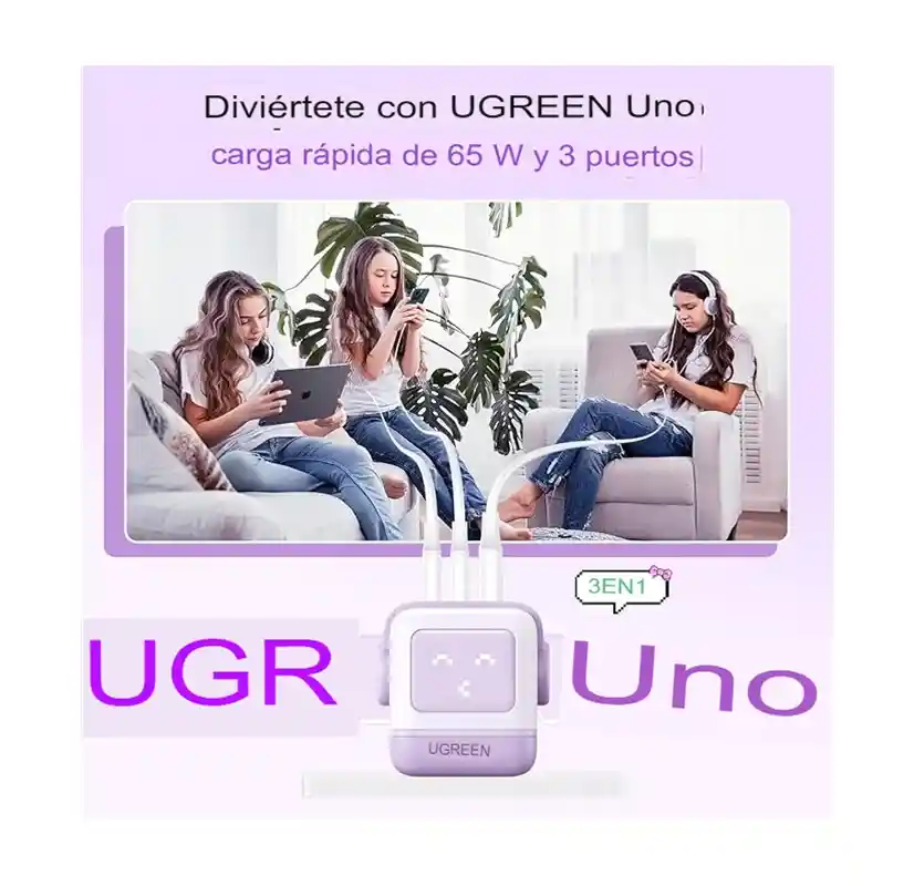 Cargador Ugreen Usb C Rg De 65w Robot Con 3 Puertos Purpura