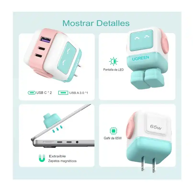 Cargador Ugreen Usb C Rg De 65w Robot Con 3 Puertos Azul R