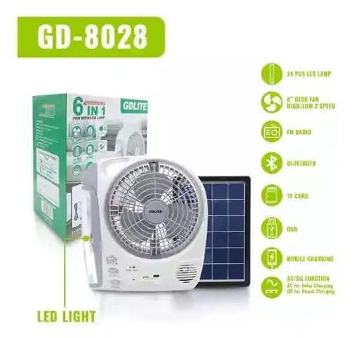 Ventilador Recargable Multifuncional Con Panel Solar Gd-8028 Color De La Estructura Blanco