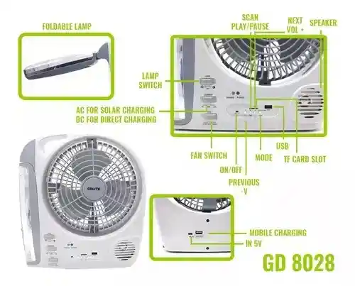 Ventilador Recargable Multifuncional Con Panel Solar Gd-8028 Color De La Estructura Blanco