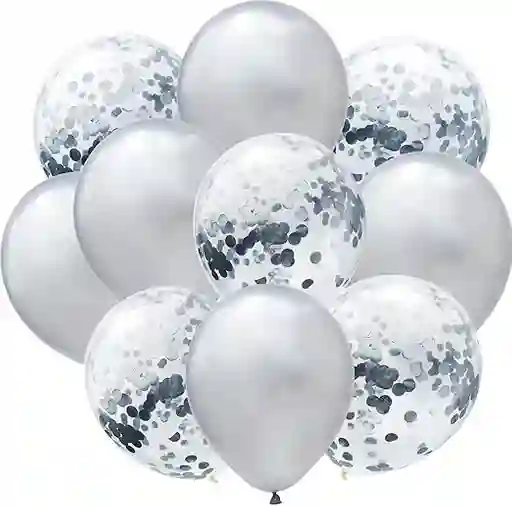 Kit Globos Cromado Reflex 5 R12 Globos Con Confeti R 12 Plateado