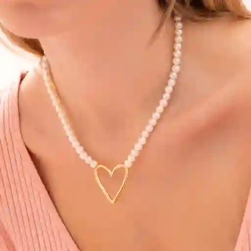 Collar De Corazón Con Perlas + Aretes