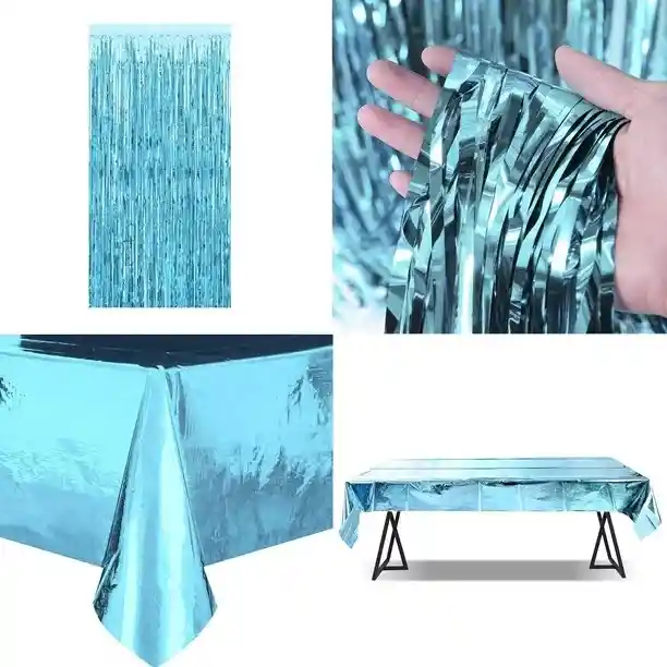 Kit Mantel Y 2 Cortinas Metalizadas Azul Claro