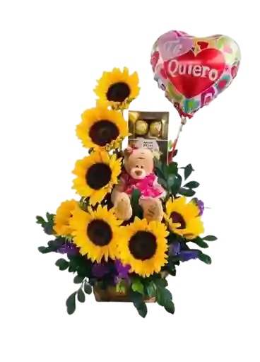 Arreglo Floral De Girasoles Con Peluche Y Chocolates X8