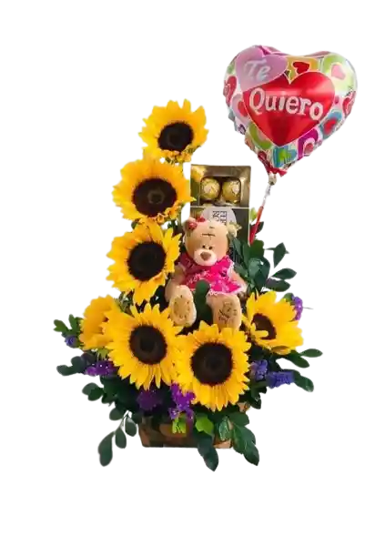 Arreglo Floral De Girasoles Con Peluche Y Chocolates X8