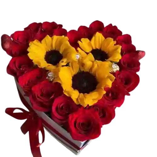 Caja Corazon Con Rosas Y Girasoles