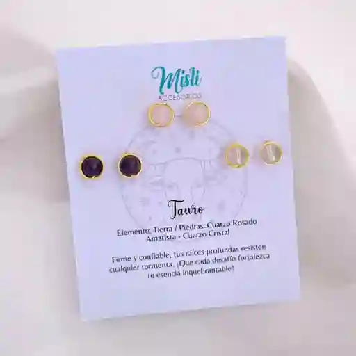 Set Aretes Signo Zodiacal - Topitos Piedra Natural Tauro (pack X 3 Pares)