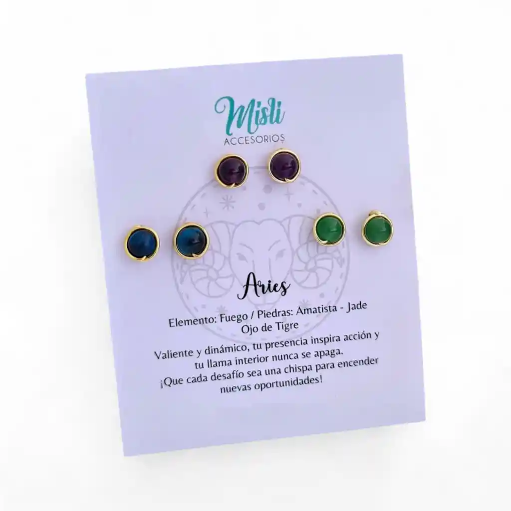 Set Aretes Signo Zodiacal - Topitos Piedra Natural Aries (pack X 3 Pares)
