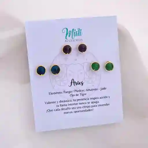 Set Aretes Signo Zodiacal - Topitos Piedra Natural Aries (pack X 3 Pares)